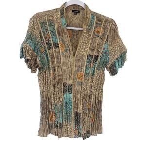 Y2K Piano Patchwork Snap Top Sz M Boho Festival Crinkle Artsy Satin Chiffon Tan